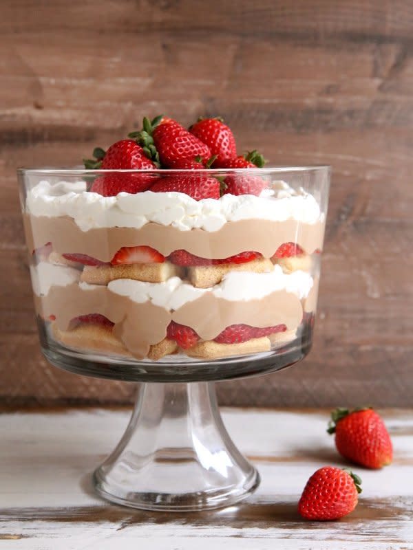 <strong>Get the <a href="http://www.completelydelicious.com/strawberry-chocolate-tiramisu-trifle/" target="_blank">Strawberry Chocolate Tiramisu Trifle recipe</a> from Completely Delicious</strong>