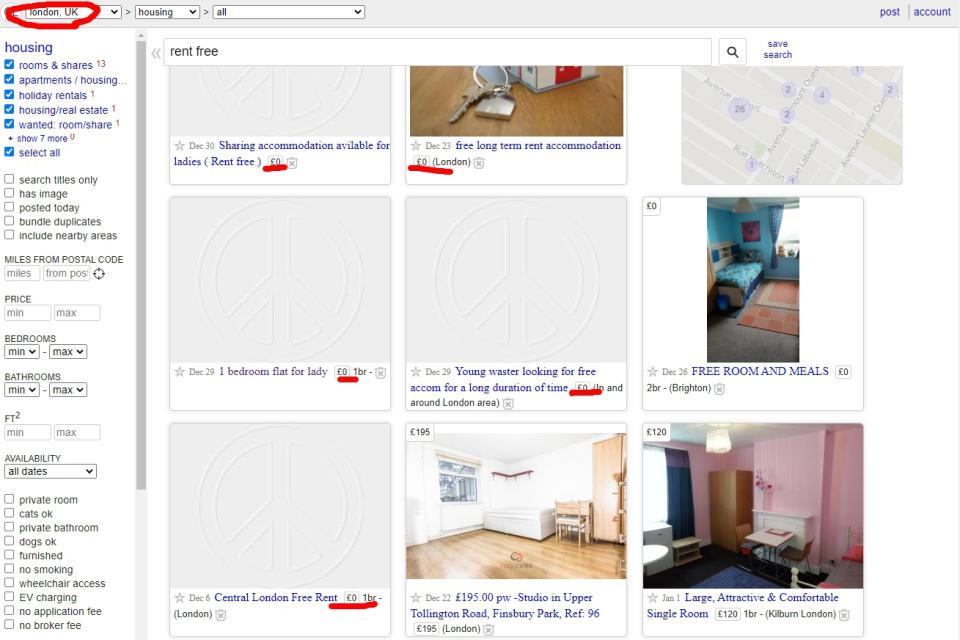 房東將資訊刊登在Craigslist網站，只要搜尋免費房租，就能看到相關出租資訊。（圖／翻攝自Craigslist網站）