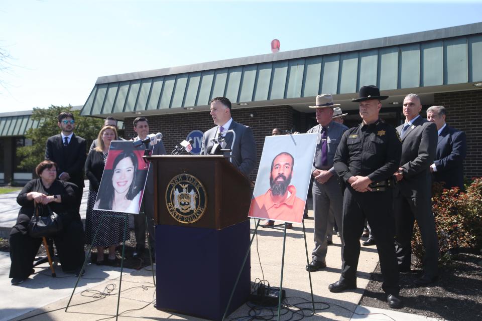 New York State Police Troop F BCI commander, Capt. Joe Kolek speaks at a press conference announcing the arrest of Edward Holley on April 20, 2023. Holley, charged in the 2003 murder of Megan McDonald, has declared his innocence.
