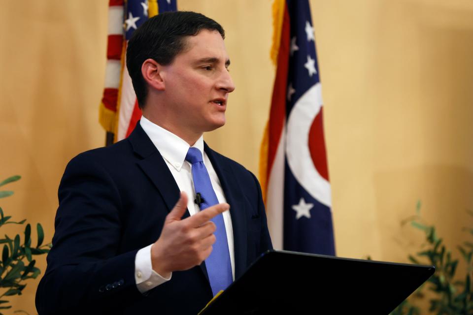 Josh Mandel, a Republican former Ohio treasurer running for an open U.S. Senate seat in Ohio, speaks during a debate against Morgan Harper, a progressive Democrat, Thursday, Jan. 27, 2022, in Columbus, Ohio.