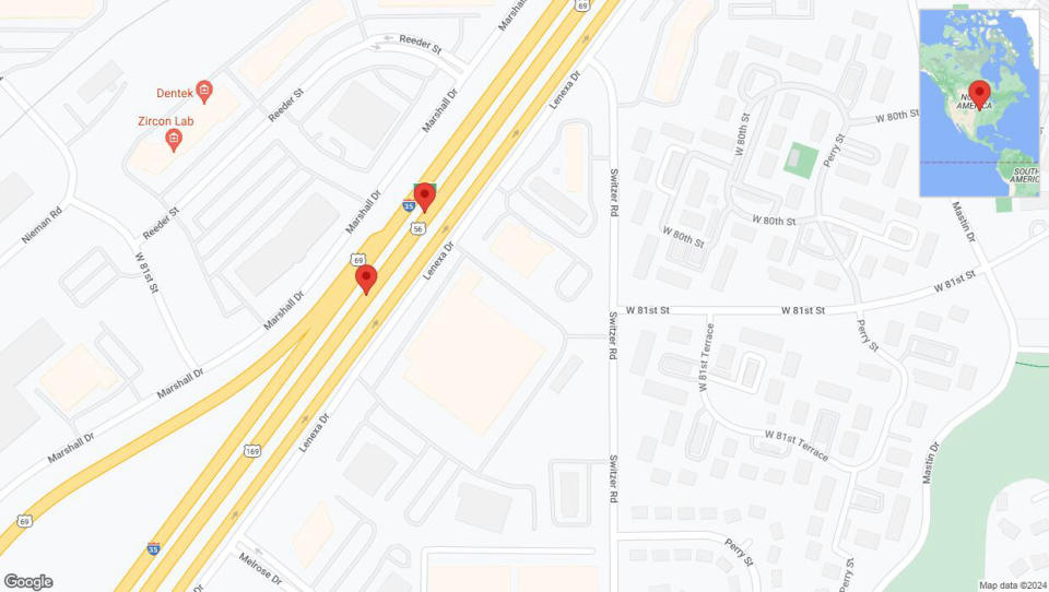 A detailed map that shows the affected road due to 'Broken down vehicle on eastbound I-35 in Lenexa' on July 18th at 2:01 p.m.