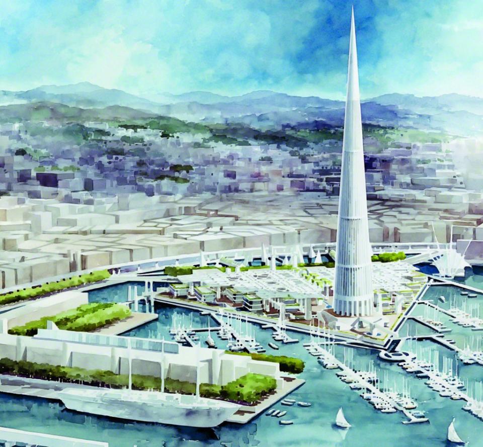 John Portman proposed installing a triangular island in the city’s historic harbor, with a raised plaza shaded by a gridded concrete sunscreen. Dan Harmon
