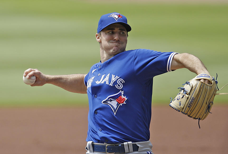 Toronto Blue Jays pitcher Ross Stripling works against the Atlanta Braves in the first inning of a baseball game Thursday, May 13, 2021, in Atlanta. (AP Photo/Ben Margot)