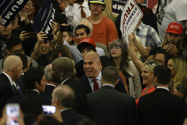 TIto Ortiz (red tie, center), shown attending a rally for Republican presidential nominee Donald Trump, will fight Chael Sonnen on Jan. 21 at The Forum in Ingelwood, Calif., Bellator announced on SportsCenter on Tuesday. (The Associated Press)