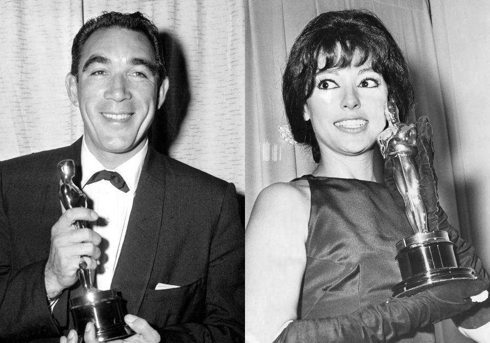 Anthony Quinn poses with his Oscar award for best supporting actor for his role in "Lust for Life" at the Academy Awards in Los Angeles on March 27, 1957, left, and Rita Moreno holds the best supporting actress Oscar she won for her role in "West Side Story" at the Academy Awards in Santa Monica, Calif on April 9, 1962. (AP Photo)