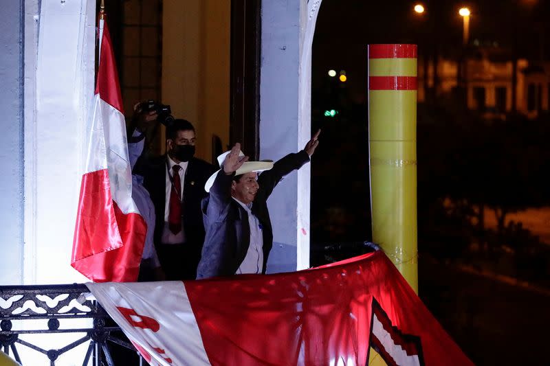 FILE PHOTO: Peru's presidential candidate Pedro Castillo addresses supporters in Lima