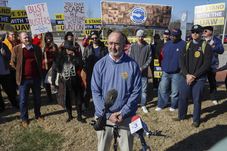 FILE - UAW President Shawn Fain speaks to the media after visiting the Volkswagen plant in Chattanooga, Tenn., on Monday, Dec. 18, 2023. Workers at at the Tennessee plant are scheduled to finish voting Friday, April 19, 2024, on whether they want to be represented by the United Auto Workers union. (Olivia Ross/Chattanooga Times Free Press via AP, File)