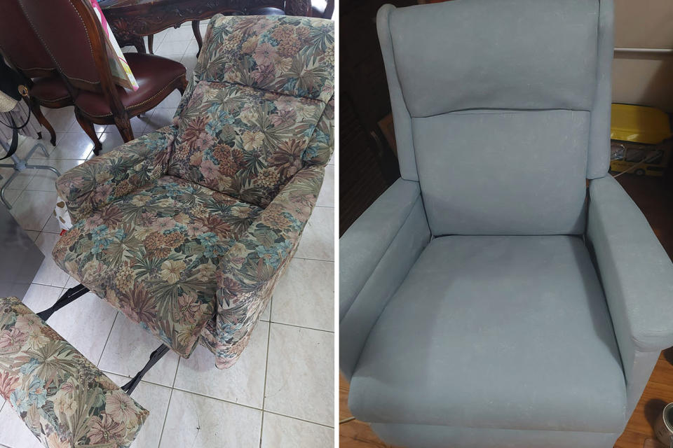 L: Floral arm chair. R: Floral arm chair covered in Kmart chalk paint