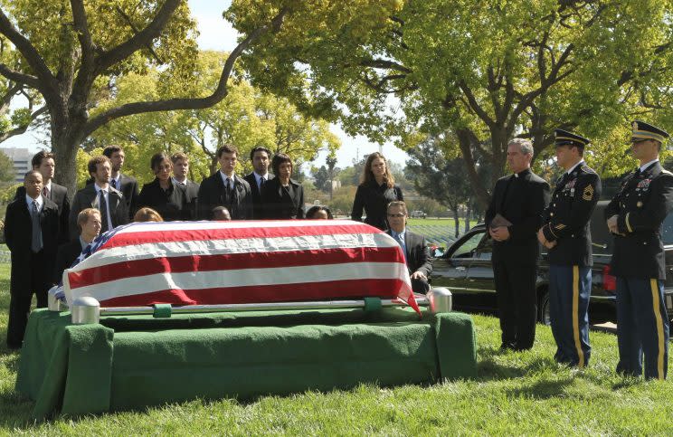 Brennan, Booth, and the Jeffersonian team and interns attend the funeral of a man who died as a result of the 9/11 terrorist attacks in “The Patriot in Purgatory.” (Photo: Patrick McElhenney/Fox)