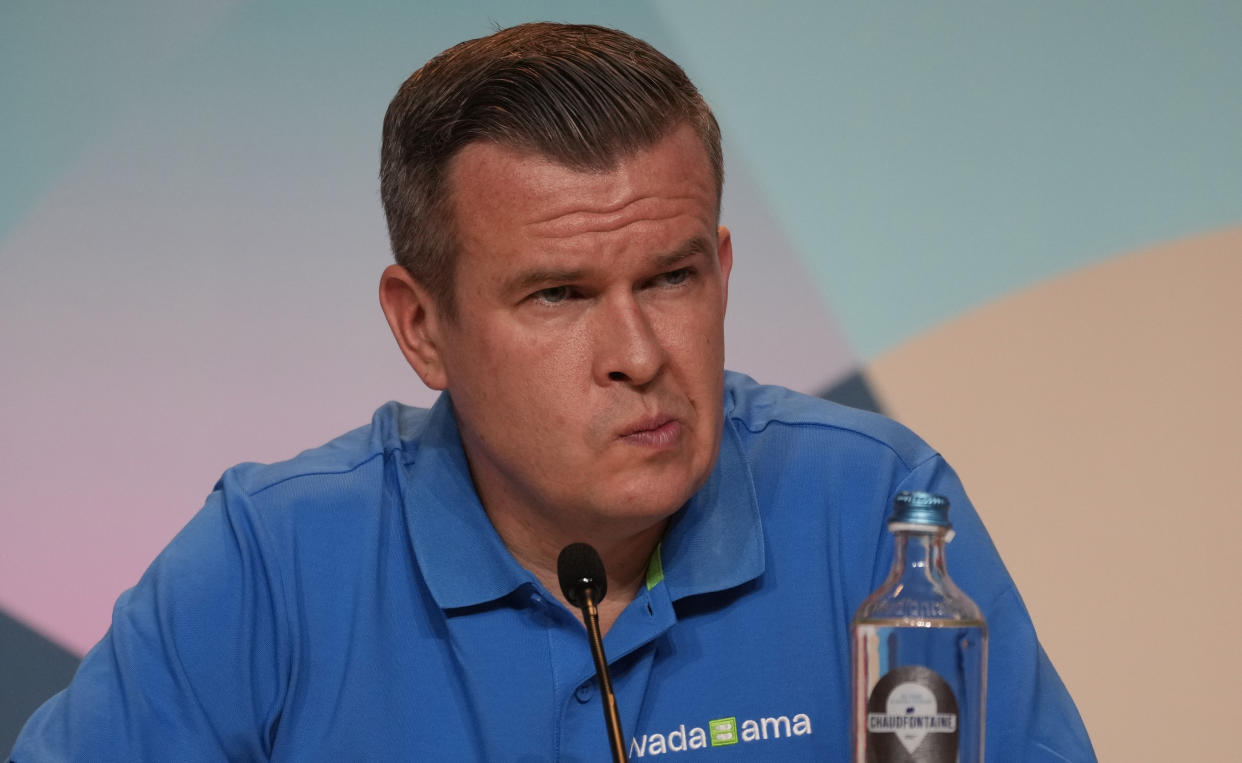 Witold Banka, president of the World Anti-Doping Agency (WADA), attends a press conference at the 2024 Summer Olympics, Thursday, July 25, 2024, in Paris, France. (AP Photo/Michel Euler)