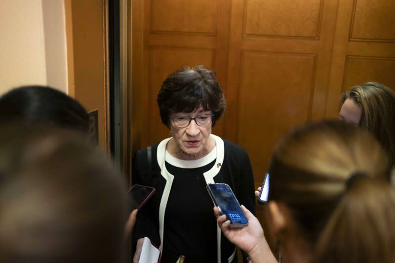 U.S. Sen. Susan Collins, R-Maine, discusses the shooting with reporters at the U.S. Capitol in Washington, D.C., on Thursday. A manhunt continued Thursday evening local time after a gunman opened fire at several locations in Lewiston, Maine, a day prior, killing at least 18 people. Photo by Bonnie Cash/UPI