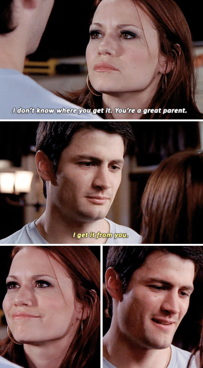 Nathan telling Haley he learned how to be a good parent from her