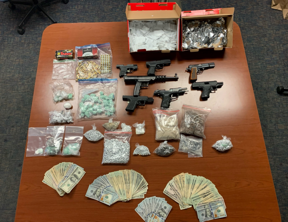 Ventura County Sheriff's detectives seized drugs, cash and guns during warrant searches last month involving a suspected narcotics delivery service.