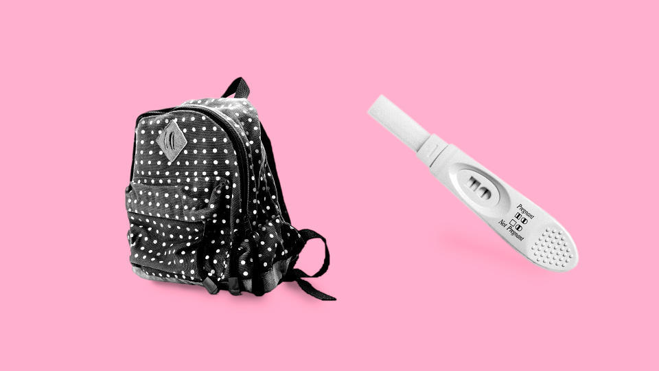 Image of backpack next to pregnancy test stick against pink background.