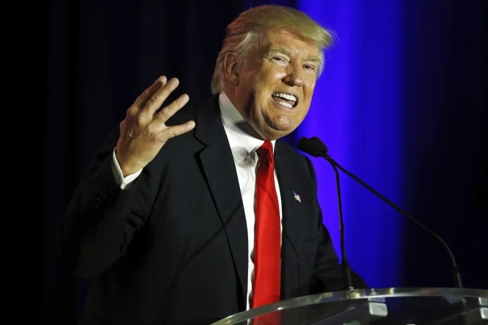 FILE - Donald Trump addresses the Republican Leadership Conference, May 30, 2014, in New Orleans. When Trump tried to buy the Buffalo Bills in 2014, investment bankers doubted the NFL would allow it but encouraged him to stay in the running, according to internal emails aired at the former president's civil fraud trial Tuesday, Oct. 31, 2023. (AP Photo/Bill Haber, File)