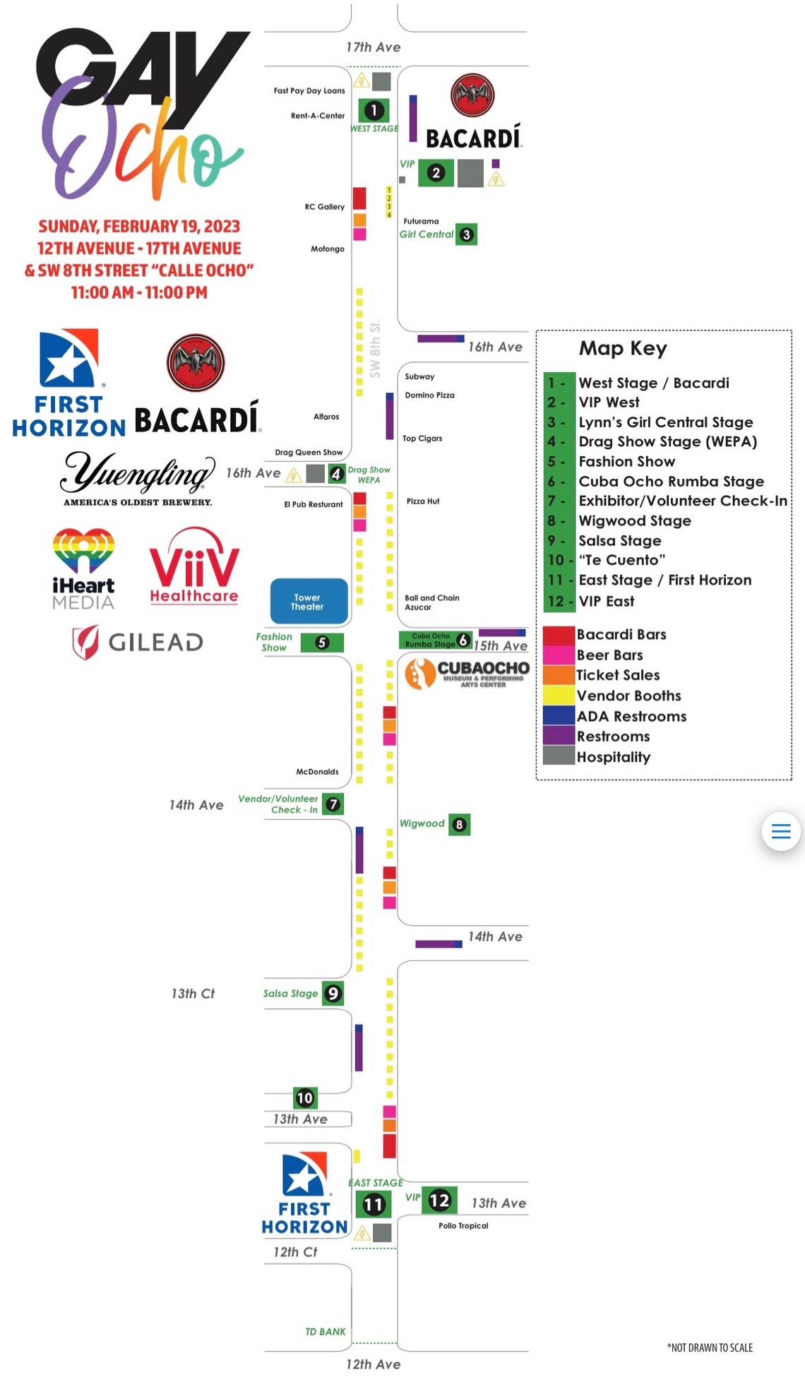 Gay8 street map of events between Southwest 12th and 17th avenues on Eighth Street in Miami on Feb. 19, 2023.