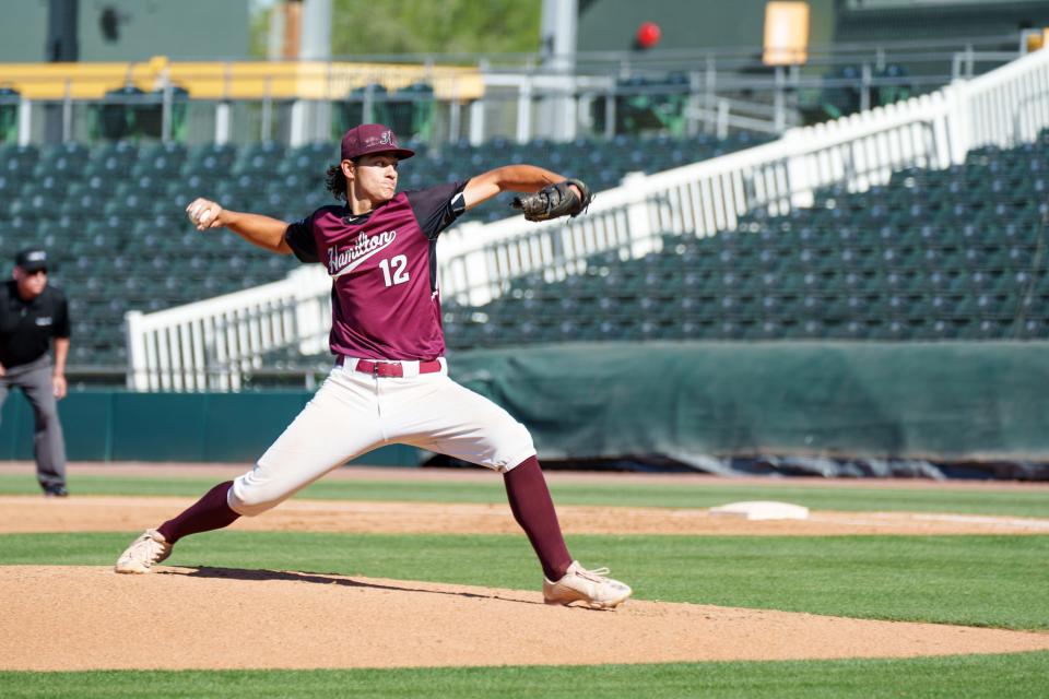 HamiltonÕs starting pitcher, Logan Saloman, 12, throws in the bottom of the 1st inning against the Chaparral Firebirds in the 2022 AIA Baseball 6A State Championship semifinals at Hohokam Stadium on May 13, 2022 in Mesa, AZ.
