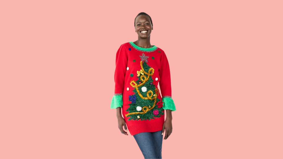 Your ugly Christmas sweater can be an ugly sweater dress with this fun tinsel-festooned option from Kohl's.