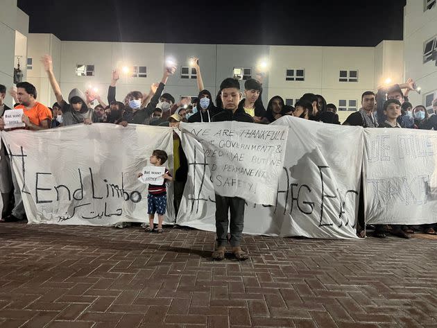 Afghans rallied in an Afghan refugee camp in Abu Dhabi to protest the non-transfer to the United States on Sunday, Feb. 13.  (Photo: NurPhoto via Getty Images)