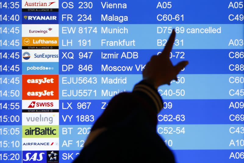 A timetable shows cancelled flights during a strike of cabin crew employees of German airline Germanwings called by German cabin crew union UFO, at Tegel Airport in Berlin