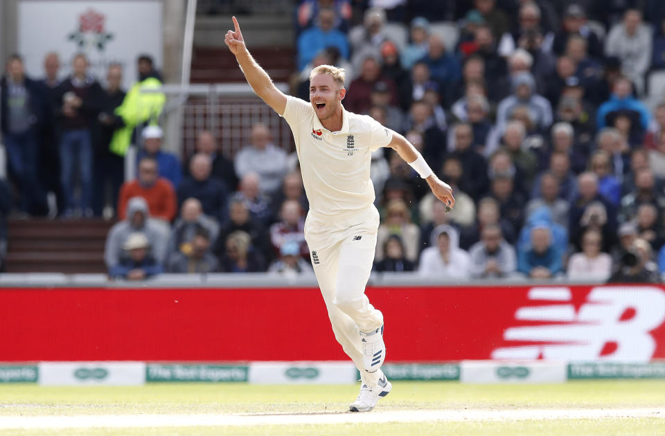 England's Stuart Broad celebrates the wicket of Australia's Travis Head during day two of the fourth Ashes Test at Emirates Old Trafford, Manchester. (Photo by Martin Rickett/PA Images via Getty Images)