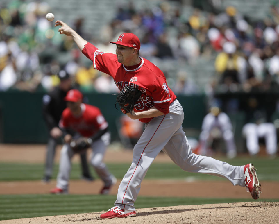 Los Angeles Angels pitcher Trevor Cahill works against the Oakland Athletics in the first inning of a baseball game Monday, May 27, 2019, in Oakland, Calif. (AP Photo/Ben Margot)