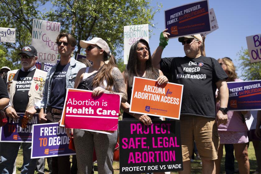 PHOENIX, ARIZONA - APRIL 17: Members of Arizona for Abortion Access, the ballot initiative to enshrine abortion rights in the Arizona State Constitution, hold a press conference and protest condemning Arizona House Republicans and the 1864 abortion ban during a recess from a legislative session at the Arizona House of Representatives on April 17, 2024 in Phoenix, Arizona. Arizona House Republicans blocked the Democrats from holding a vote to overturn the 1864 abortion ban revived last week by the Arizona Supreme Court. (Photo by Rebecca Noble/Getty Images)