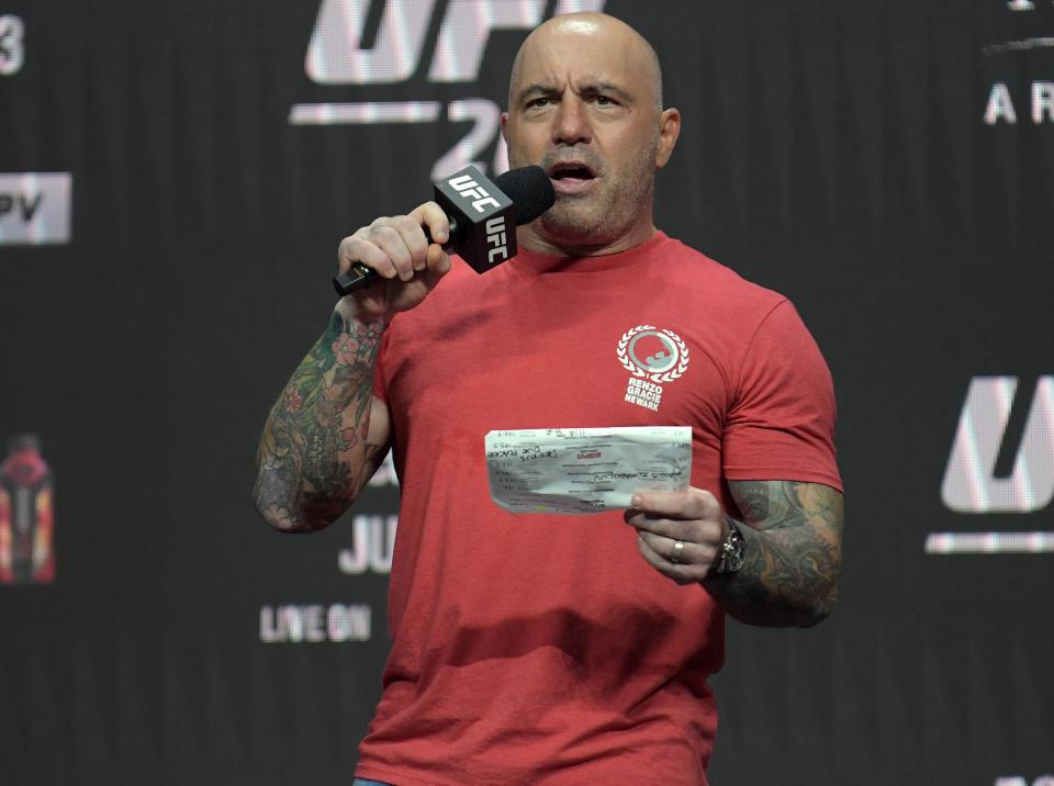 Joe Rogan hosts weigh ins for UFC 264 at T-Mobile Arena.