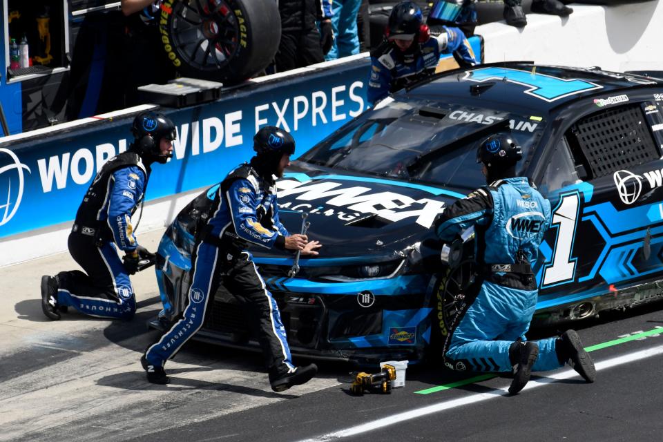 NASCAR Cup Series driver Ross Chastain (1) makes a pit stop Sunday, July 31, 2022, during the Verizon 200 at the Brickyard at Indianapolis Motor Speedway.