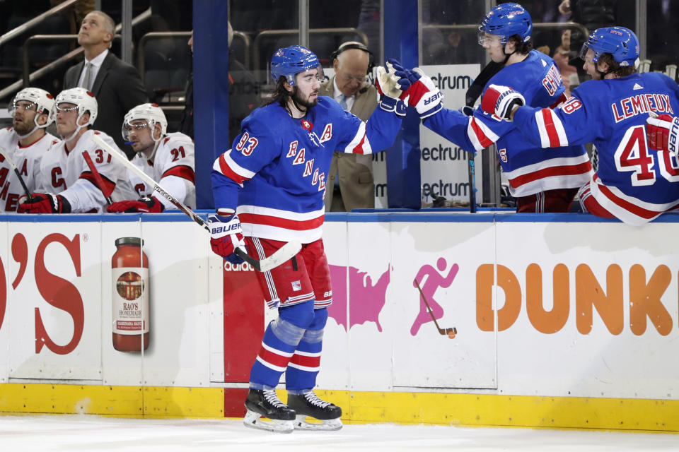 New York Rangers center Mika Zibanejad (93) is congratulated after he scored during the first period of the team's NHL hockey game against the Carolina Hurricanes, Friday, Dec. 27, 2019, in New York. (AP Photo/Kathy Willens)