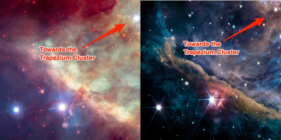 On the left, a Hubble image of the Orion nebula shows the Trapezium Cluster just beyond. On the right, a Webb image of the Orion nebula shows the Trapezium Cluster just beyond.