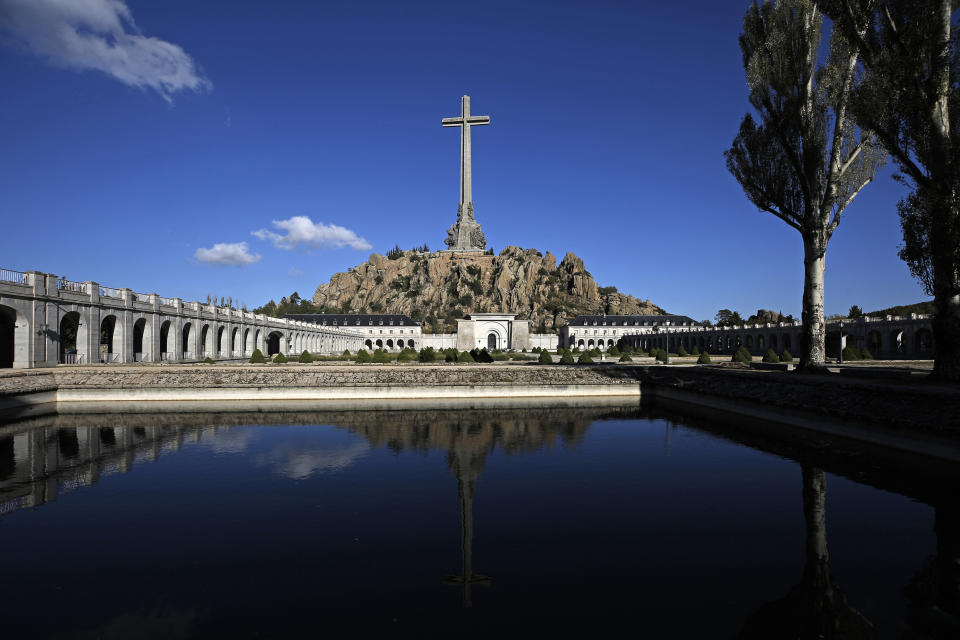 The Valley of the Fallen mausoleum, near El Escorial, outskirts of Madrid, Spain, Sunday, Oct. 13, 2019. After a tortuous judicial and public relations battle, Spain's Socialist government has announced that Gen. Francisco Franco's embalmed body will be relocated from a controversial shrine to a small public cemetery where the former dictator's remains will lie along his deceased wife. (AP Photo/Manu Fernandez)