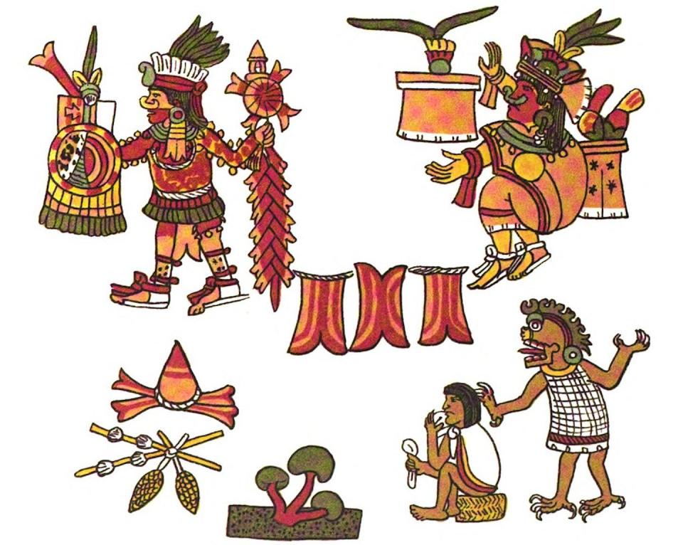 An Aztec drawing from the Codex Magliabechiano depicts a man consuming mushrooms and meeting the god of the underworld, reproduced in ‘The Book of the Life of the Ancient Mexicans.’ <a href="https://commons.wikimedia.org/wiki/File:The_book_of_the_life_of_the_ancient_Mexicans,_p_199.jpg" rel="nofollow noopener" target="_blank" data-ylk="slk:Zelia Nuttall/Wikimedia Commons;elm:context_link;itc:0;sec:content-canvas" class="link ">Zelia Nuttall/Wikimedia Commons</a>