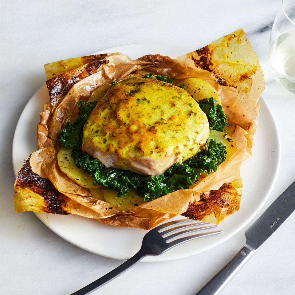 Parchment Packet Baked Tuna Steaks & Vegetables with Creamy Dijon-Turmeric Sauce