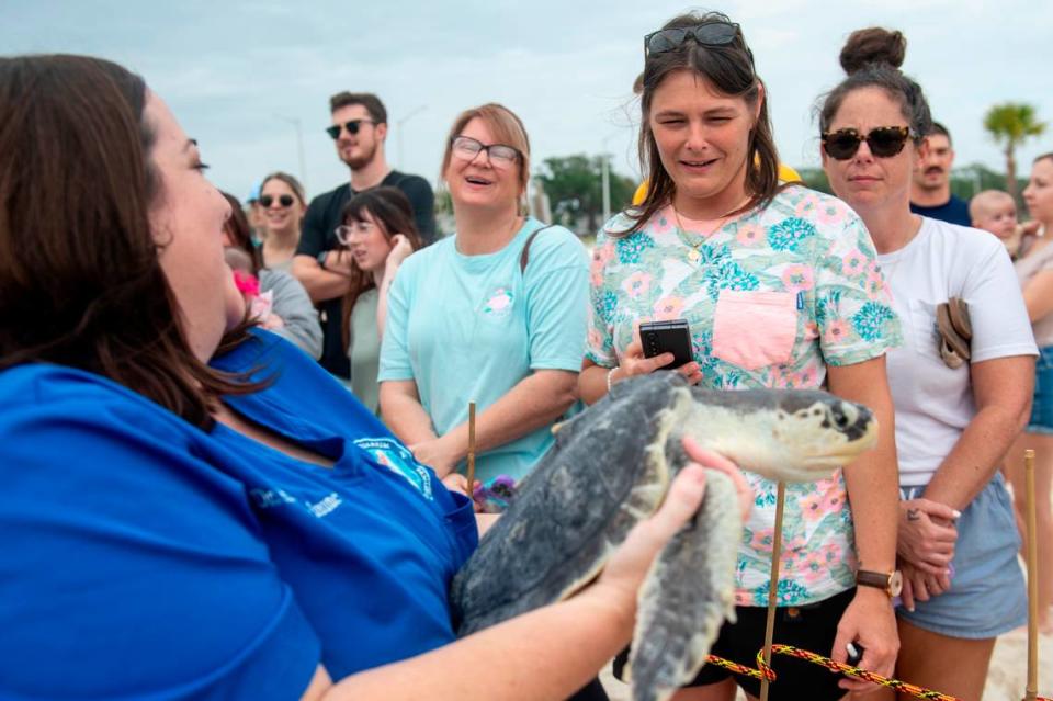 Dr. Alexa Delaune, Vice President of Veterinary Services and Research for the Mississippi Aquarium, shows off a Kemp’s Ridley sea turtle to onlookers before its release back into the Mississippi Sound on Thursday, April 18, 2024. This year the Mississippi Aquarium rehabilitated 40 cold stunned Kemp’s Ridley sea turtles.