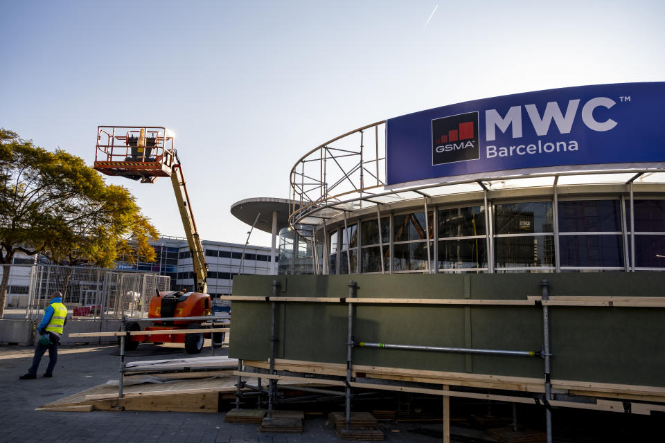 The main gate of the MWC 2020 site as seen on Feb. 13, 2020 is empty with no activity taking place after being cancelled. (Paco Freire/SOPA Images/LightRocket via Getty Images)