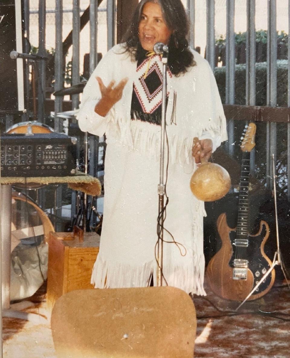 The late Muscogee activist Jean Hill Chaudhuri speaks at an event. Her life story is depicted in Cherokee Nation playwright Mary Kathryn Nagle's one-woman show "On the Far End."