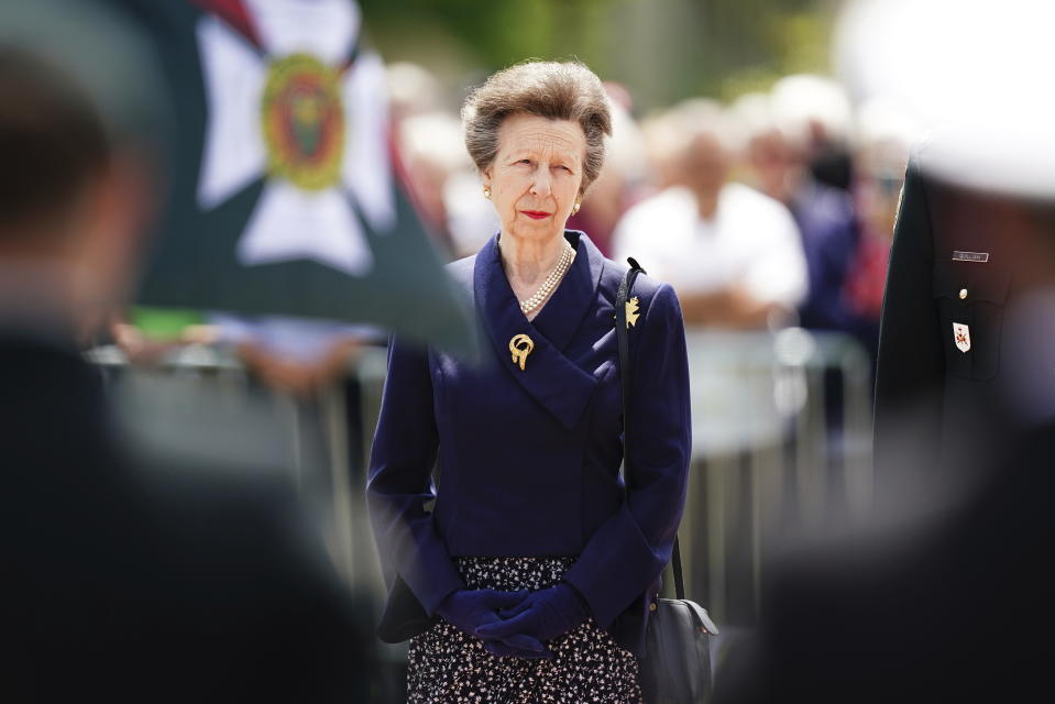 FILE - Britain's Princess Anne attends a ceremony to mark the 80th anniversary of D-Day, at Place des Canadiens in Bretteville-l'Orgueilleuse, Normandy, France, Wednesday June 5, 2024. Buckingham Palace says Princess Anne has sustained minor injuries and concussion following an incident on the Gatcombe Park estate on Sunday, June 23, 2024. The 73-year-old sister of King Charles III has been hospitalized as a precautionary measure for observation and is expected to make a full recovery. (Aaron Chown/Pool via AP, File)