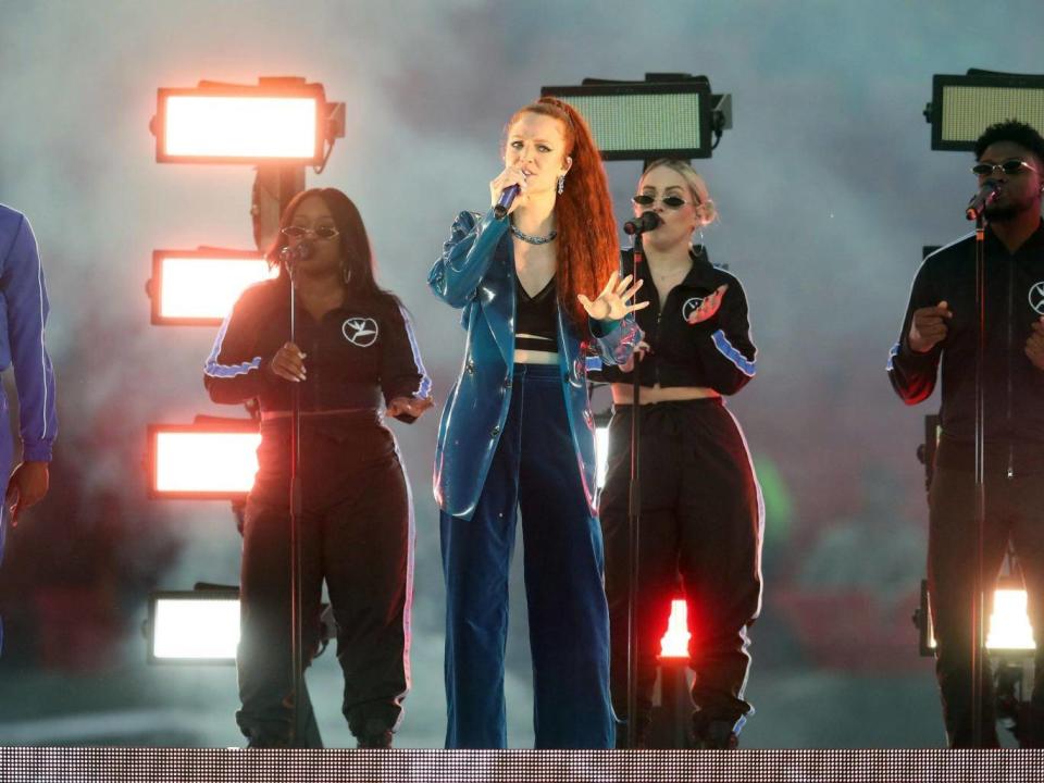 Singer Jess Glynne performs prior to kick-off during the International Series NFL match at Wembley (PA)