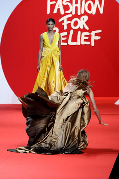 While it’s not uncommon to see models tripping over on the catwalk, the 2011 Fashion For Relief show, organised by Naomi Campbell, saw a number of them take a tumble. Marpessa Henninck tripped up several times, while Lindsey Wixson, who wore a voluminous gold ball gown, wasn't so lucky, face-planting three times.