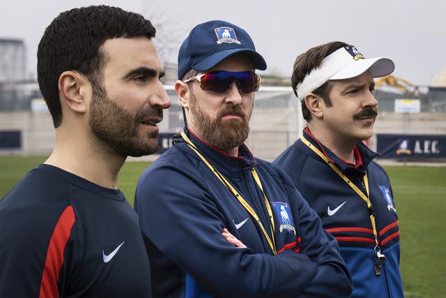 <p>Apple TV+</p> Brendan Hunt, center, with Ted Lasso co-stars Brett Goldstein and Jason Sudeikis.