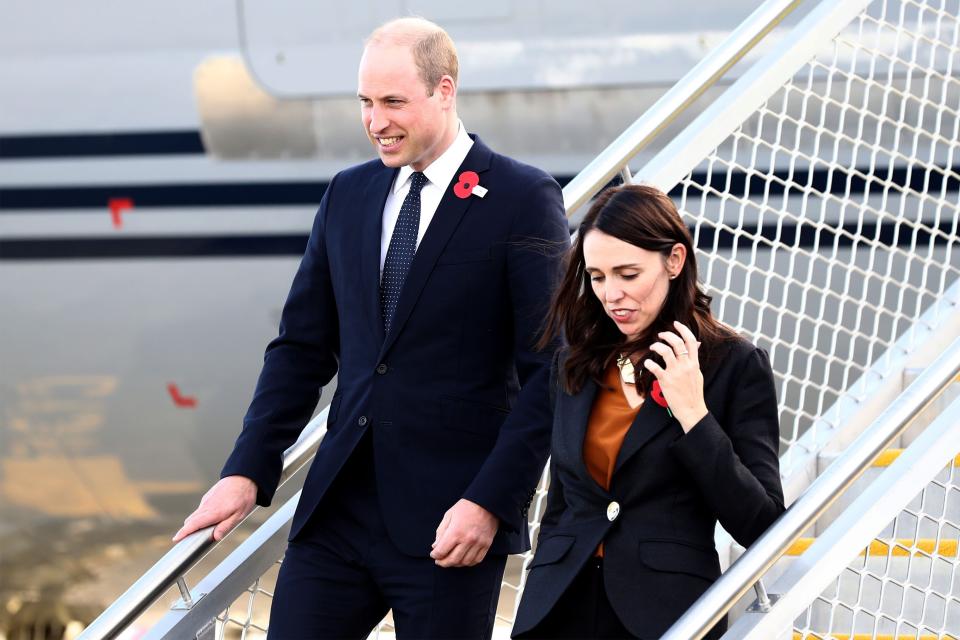 Britain's Prince William (L) arrives with New Zealand's Prime Minister Jacinda Ardern (R) at the Royal New Zealand Air Force (RNZAF) Air Movements Terminal in Christchurch on April 25, 2019. - Prince William paid tribute to Australian and New Zealand troops on April 25 at an emotional Anzac Day ceremony, six weeks after the Christchurch mosques massacre. (Photo by Hannah Peters / POOL / AFP)        (Photo credit should read HANNAH PETERS/AFP/Getty Images)