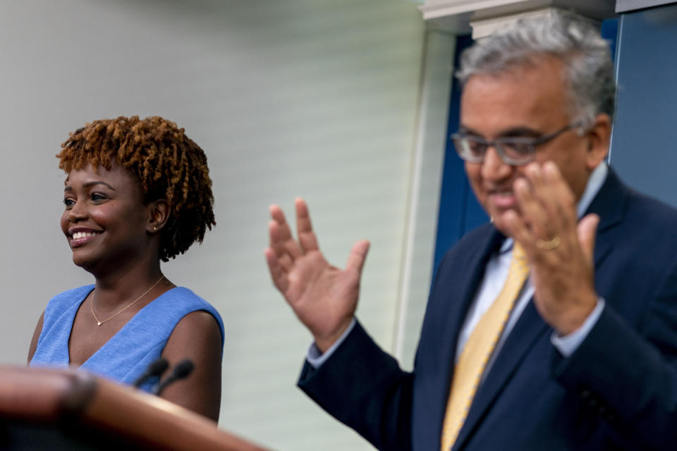 White House Covid Response Coordinator Ashish Jha, accompanied by White House press secretary Karine Jean-Pierre, left, speaks at a press briefing at the White House in Washington, Friday, July 22, 2022. (AP Photo/Andrew Harnik)