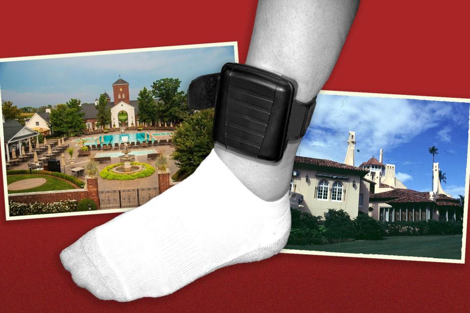 A postcard from Bedminster and one from Mar-a-Lago with an ankle bracelet in between both of them.