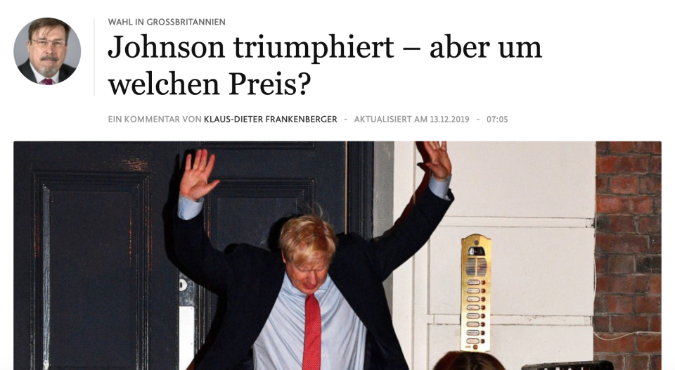 "Johnson triumphs—but at what price?" asks Germany's Frankfurter Allgemeine Zeitung. Credit: Frankfurter Allgemeine Zeitung.