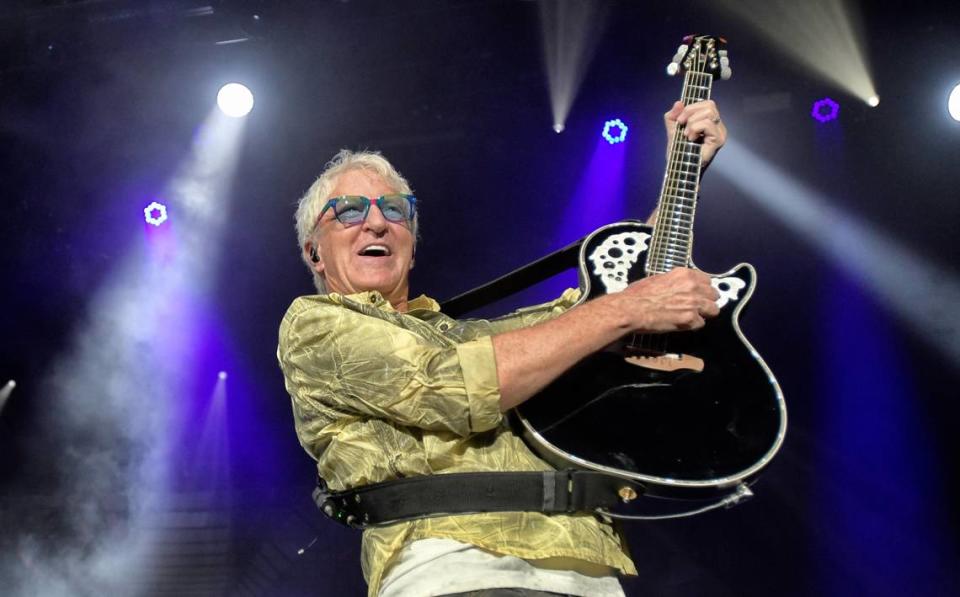 REO Speedwagon’s Kevin Cronin on stage at Raleigh, N.C.’s Coastal Credit Union Music Pavilion at Walnut Creek, Wednesday night, Aug. 10, 2022.