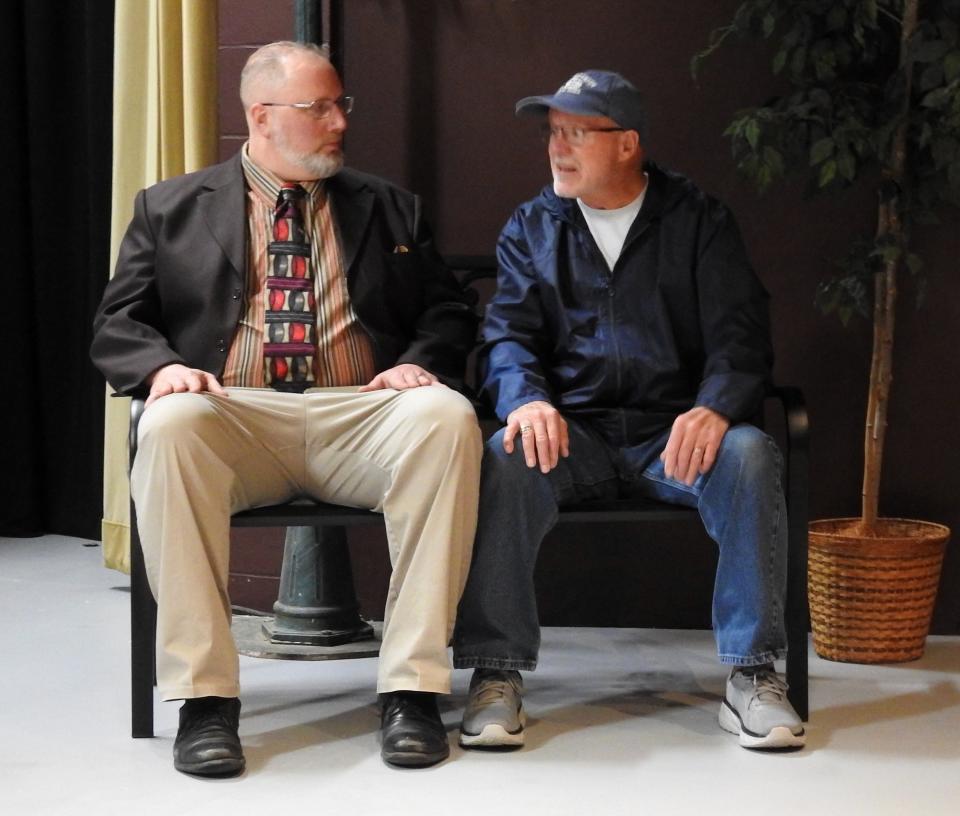 Ryan Teti as Greg and Denny Blanford as Tom rehearse a scene from "Sylvia" for the Coshocton Footlight Players at the Triple Locks Theater. The pair are talking about their dogs while watching them play in the park.