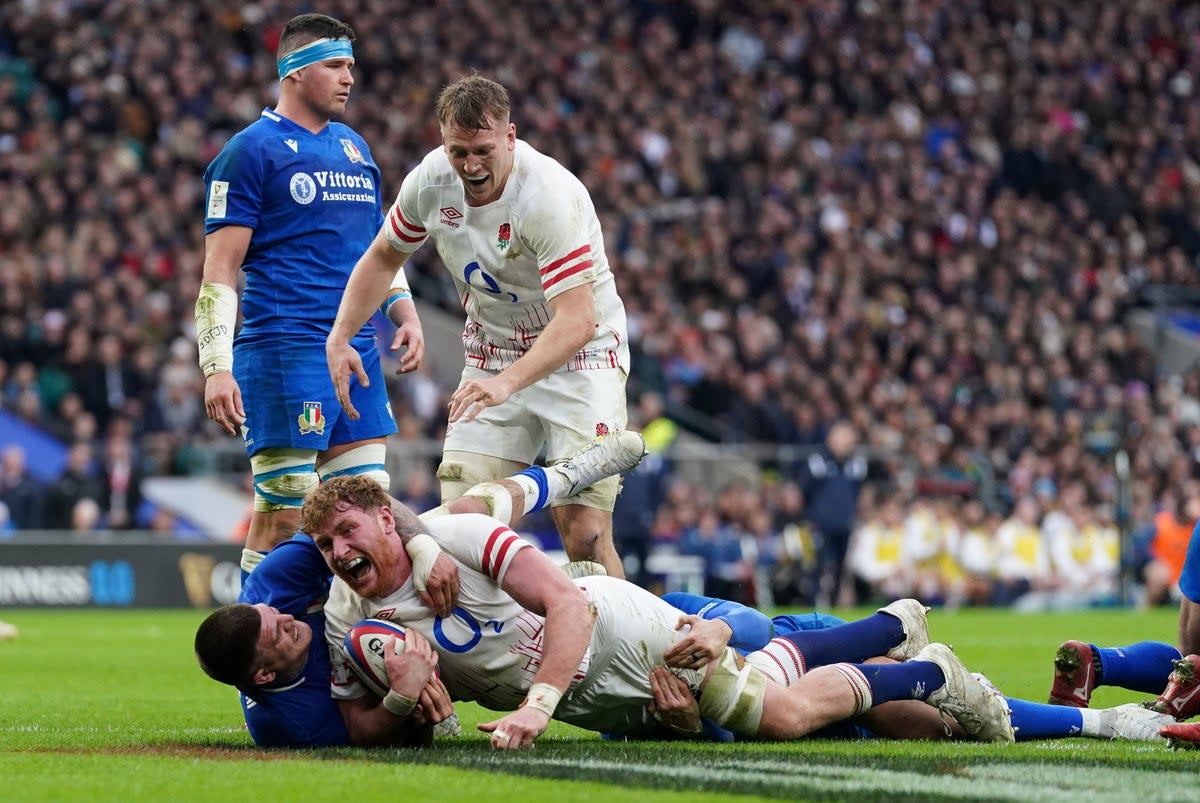 12 February 2023: England’s Ollie Chessum dives in to score his sides second try during the Guinness Six Nations match at Twickenham Stadium, London (PA)