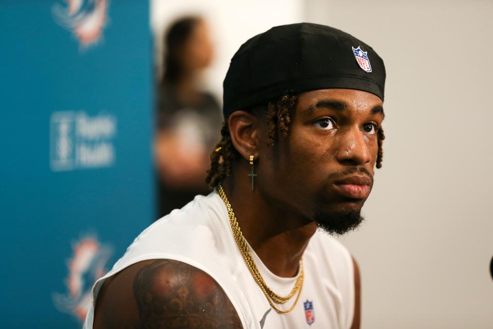 Dolphins wide receiver Erik Ezukanma (87) talks to reporters during rookie minicamp on May 13 at Baptist Health Training Complex in Miami Gardens.