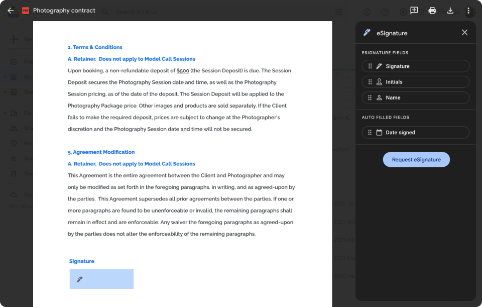 google docs native esignature request form